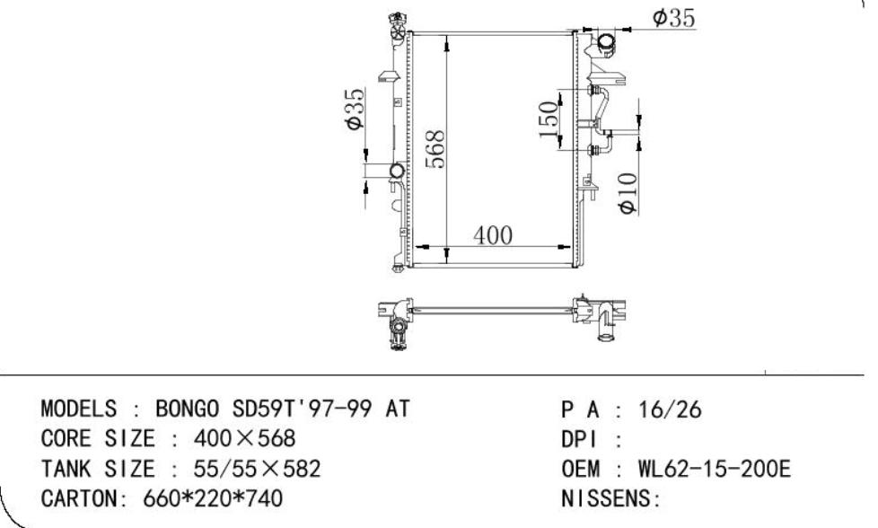 WL62-15-200E Car Radiator for MAZDA Bongo SD59T'