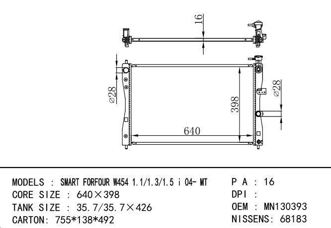 *MN130393-4545000703 Car Radiator for MAZDA SMART FORFOUR W454 1.1/1.3/1.5 i