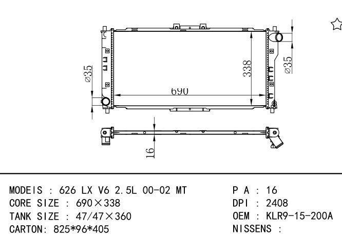 KLR9-15-200A Car Radiator for MAZDA 626 LX V6 2.5L