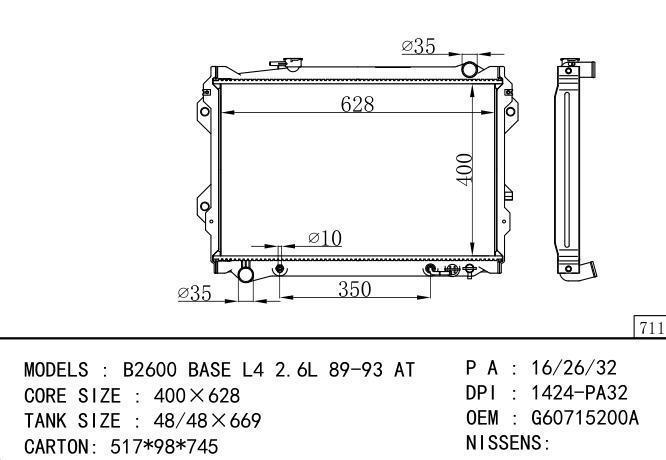 G60715200A Car Radiator for MAZDA B2600 BASE L4 2.6L 89-93 AT