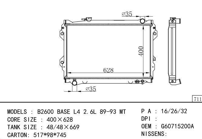 G60715200A Car Radiator for MAZDA B2600 BASE L4 2.6L 89-93 MT