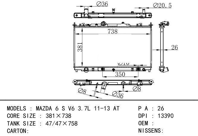  Car Radiator for MAZDA MAZDA 6 S V6 3.7L 11-13 AT