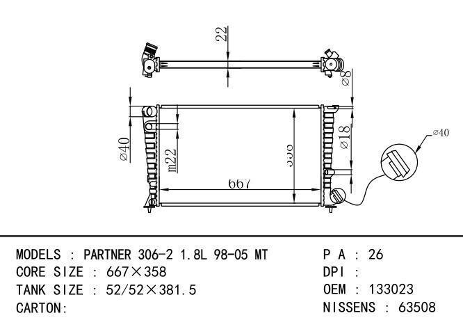 133023/133030  Car Radiator for PEUGEOT  PARTNER 306-2 1.8L 98-05 MT