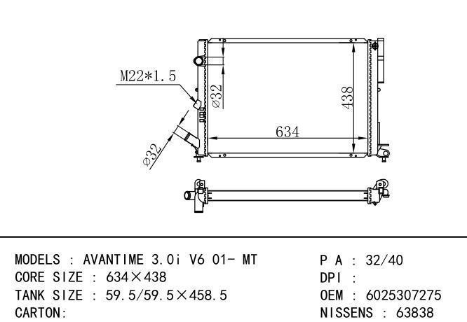 *7701043411-6025411680 Car Radiator for RENAULT AVANTIME 3.0 Iv6