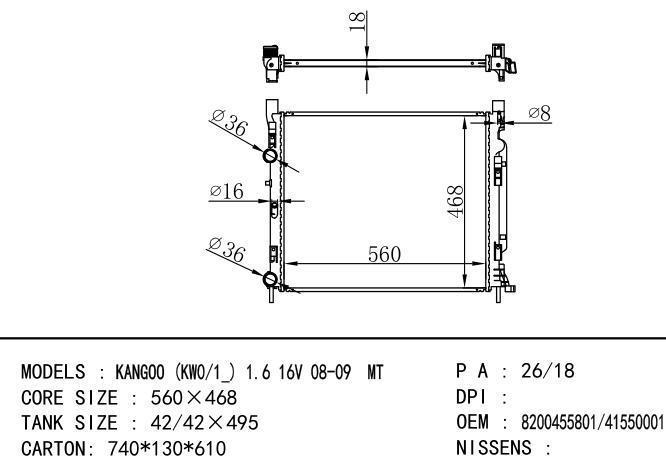 *8200455801-4155000102 Car Radiator for RENAULT KANGO(KWO-1_）1.6 16V 08-09