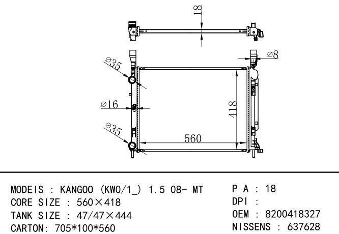 8200418328/8200418327/4155000002/A4155000002 Car Radiator for RENAULT KANGOO (KWO/1) 1.5 08-MT