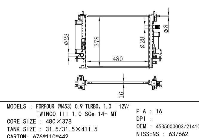 4535000003/214105514R Car Radiator for RENAULT FORFOUR(W453) 0.9 TURBO、1.0 I 12