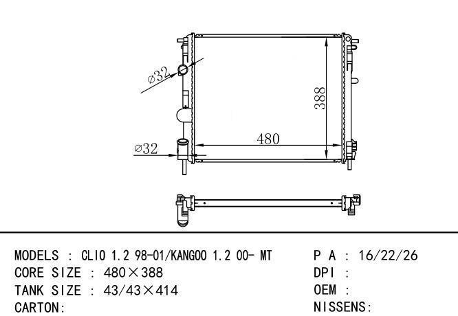  Car Radiator for RENAULT CLIO 1.2 98-01/KANGOO 1.2 00- MT