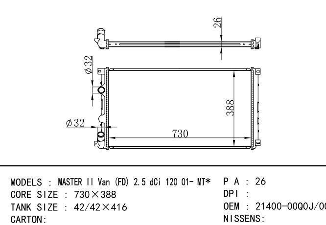 21400-00Q0J Car Radiator for RENAULT MASTER II dCi120 2.5 01-06 MT*