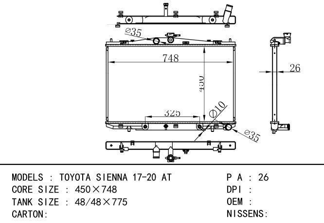 16401-0P280/16400-0P370 Car Radiator for TOYOTA TOYOTA SIENNA 17-20 AT