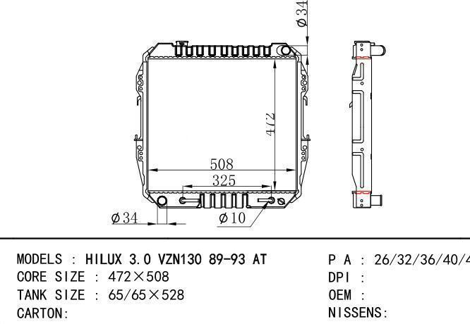  Car Radiator for TOYOTA HILUX 3.0 VZN130 89-93 AT