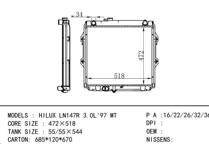  Car Radiator for TOYOTA HILUX LN147R 3.0L'97 MT