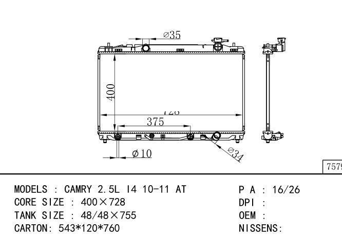  Car Radiator for TOYOTA CAMRY 2.5L I4 10-11 AT