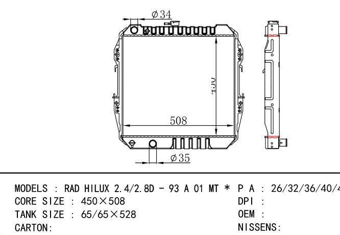  Car Radiator for TOYOTA RAD HILUX 2.4/2.8D - 93 A 01 MT