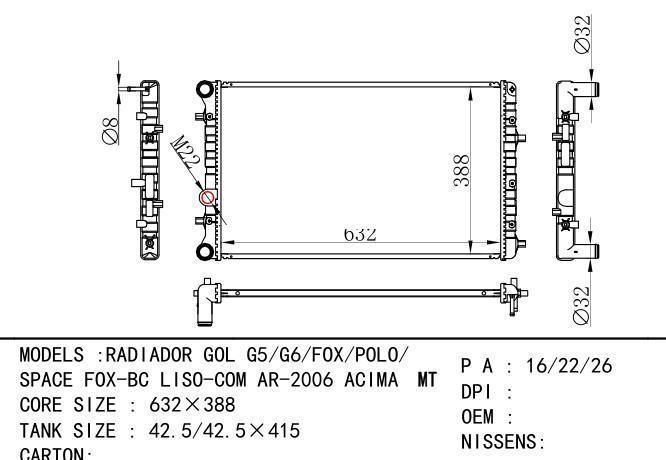 5Z0121253D  Car Radiator for  VOLKSWAGEN RADIADOR GOL G5/G6/FOX/POLO/  SPACE FOX-BC LISO-COM AR-2006 ACIMA  MT