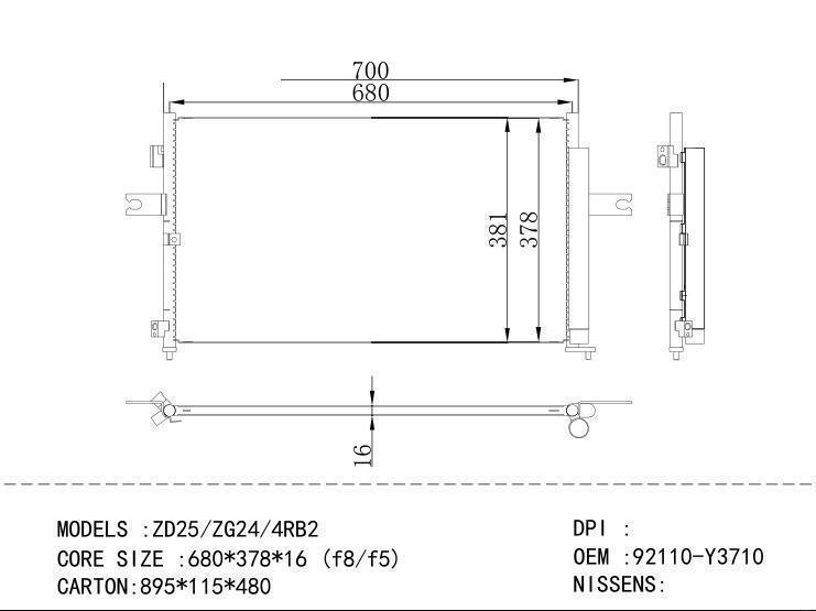 92110-Y3710 Condenser for NISSAN ZD 25/ ZG 24/4 RB 2