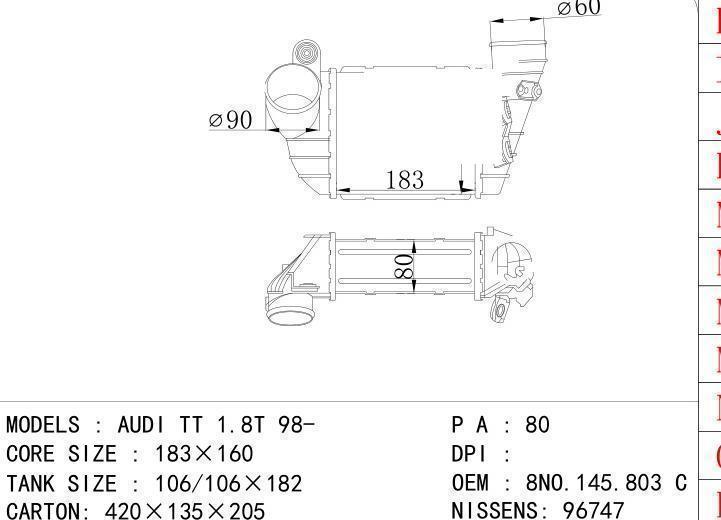 8NO.145.803 C car Intercooler for AUDI AUDI TT 1.8T 98-