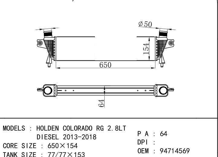 94714569 car Intercooler for GM,DODGE HOLDEN COLORADO RG 2.8LT DIESEL/2013-2018