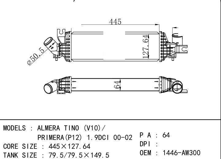 1446-AW300 car Intercooler for NISSAN ALMERA TINO (V10)/PRIMERA (P12)/1.9DCI 00-0