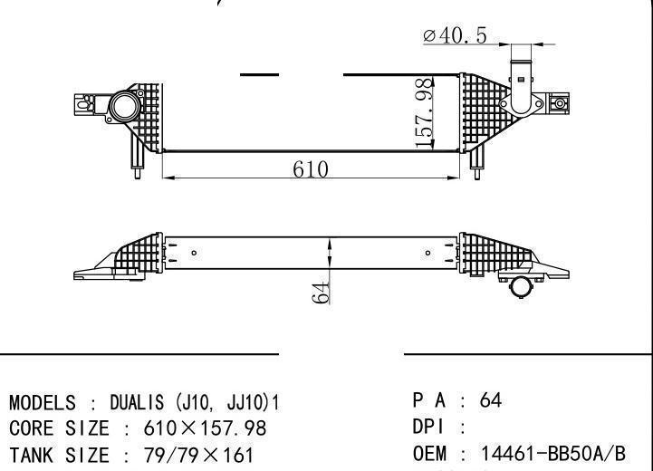 14461-BB50A/ 14461-BB50B car Intercooler for NISSAN DUALIS (J10, JJ10)1.6 dCi 07-