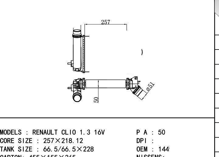 144961019R car Intercooler for RENAULT RENAULT CLIO 1.3 16V