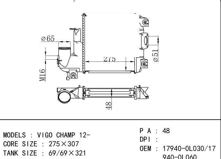 17940-0L030 17940-/0L060 car Intercooler for TOYOTA VIGO CHAMP 12-