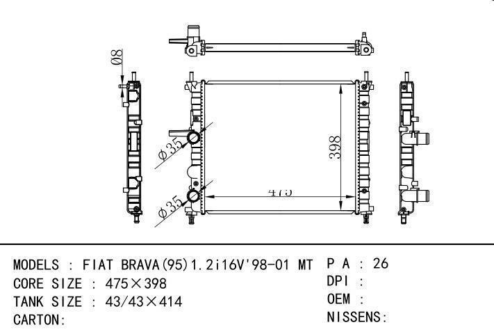  car radiator for  FIAT BRAVA(95)1.2i16V'98-01 MT