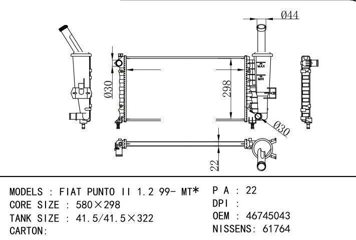 46745043 car radiator for  FIAT PUNTO II 1.2 99- MT