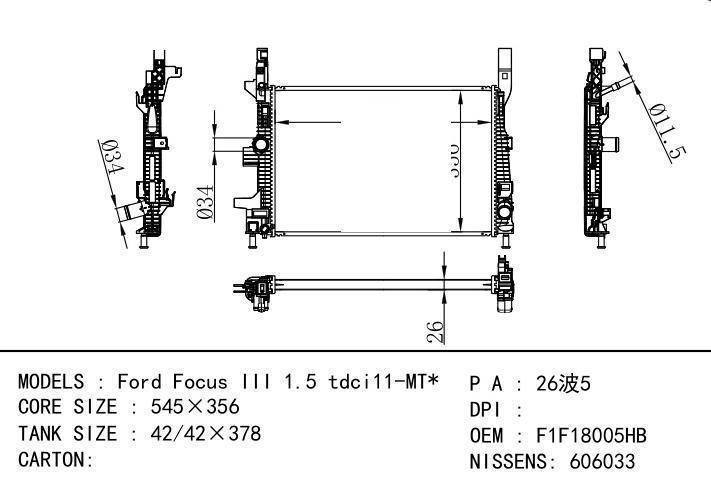 F1F18005HB car radiator for  Ford Focus III 1.5 tdci11-MT
