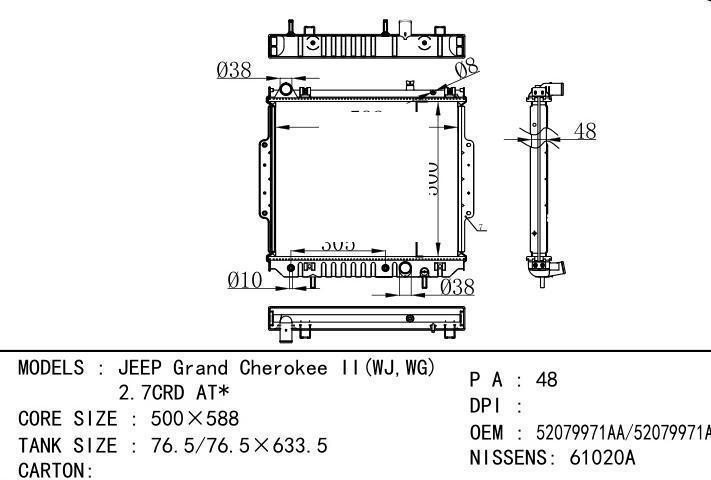 52079971AA/52079971AB car radiator for  JEEP Grand Cherokee II(WJ,WG) 2.7CRD AT
