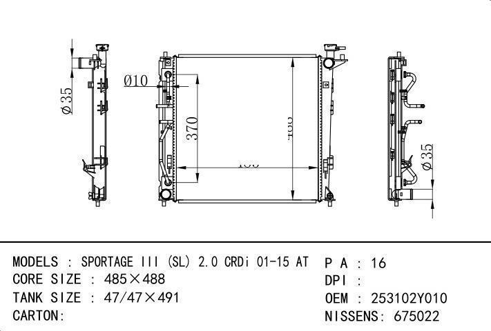 253102Y010 car radiator for SPORTAGE III (SL) 2.0 CRDi 01-15 AT