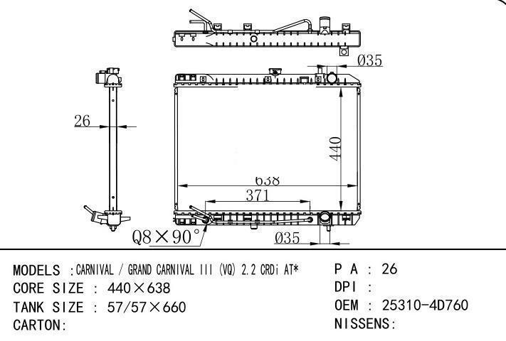 25310-4D760 car radiator for  CARNIVAL / GRAND CARNIVAL III (VQ) 2.2 CRDi AT