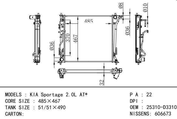 25310-D3310 car radiator for  KIA Sportage 2.0L AT