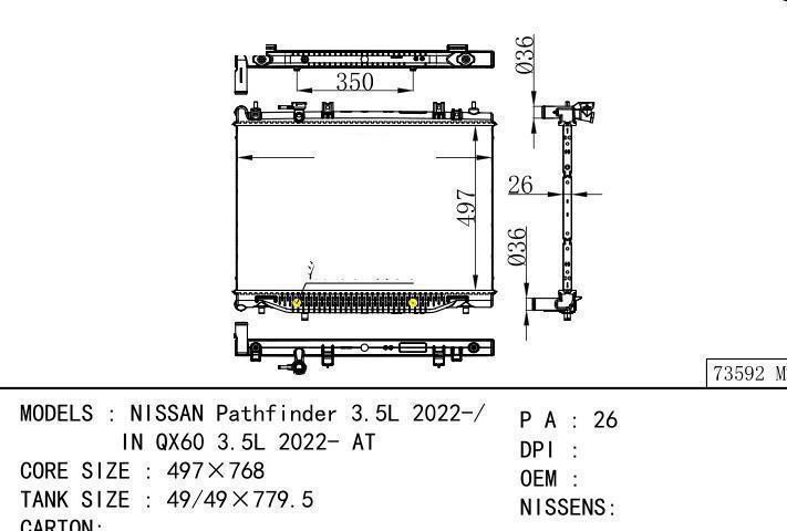 car radiator for NISSAN Pathfinder 3.5L 2022-/ IN QX60 3.5L 2022- AT