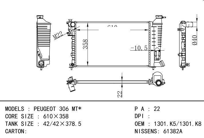 1301 car radiator for  PEUGEOT 306 MT