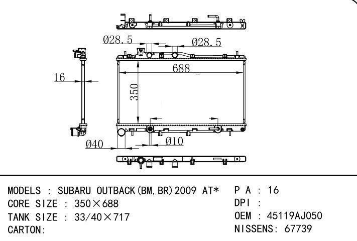 45119AJ050 car radiator for  SUBARU OUTBACK(BM,BR)2009 AT