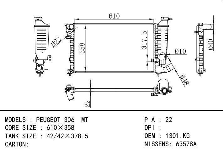 1301 car radiator for  PEUGEOT 306 MT