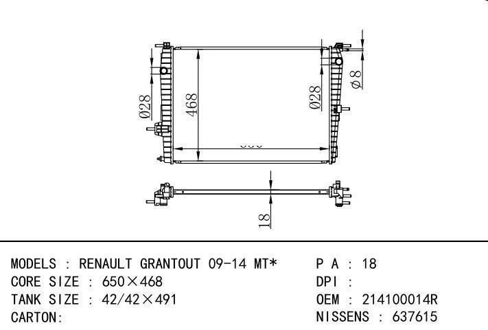 214100014R car radiator for  RENAULT GRANTOUT 09-14 MT